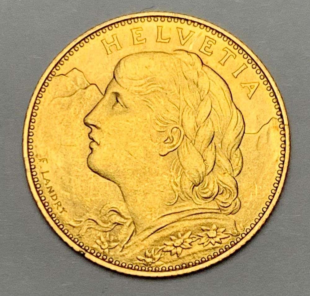 Last Minute! 1922 Swiss $10 Gold Franc .0933 ozt AGW: Winner shall receive the exact coin shown here. (RM/B)