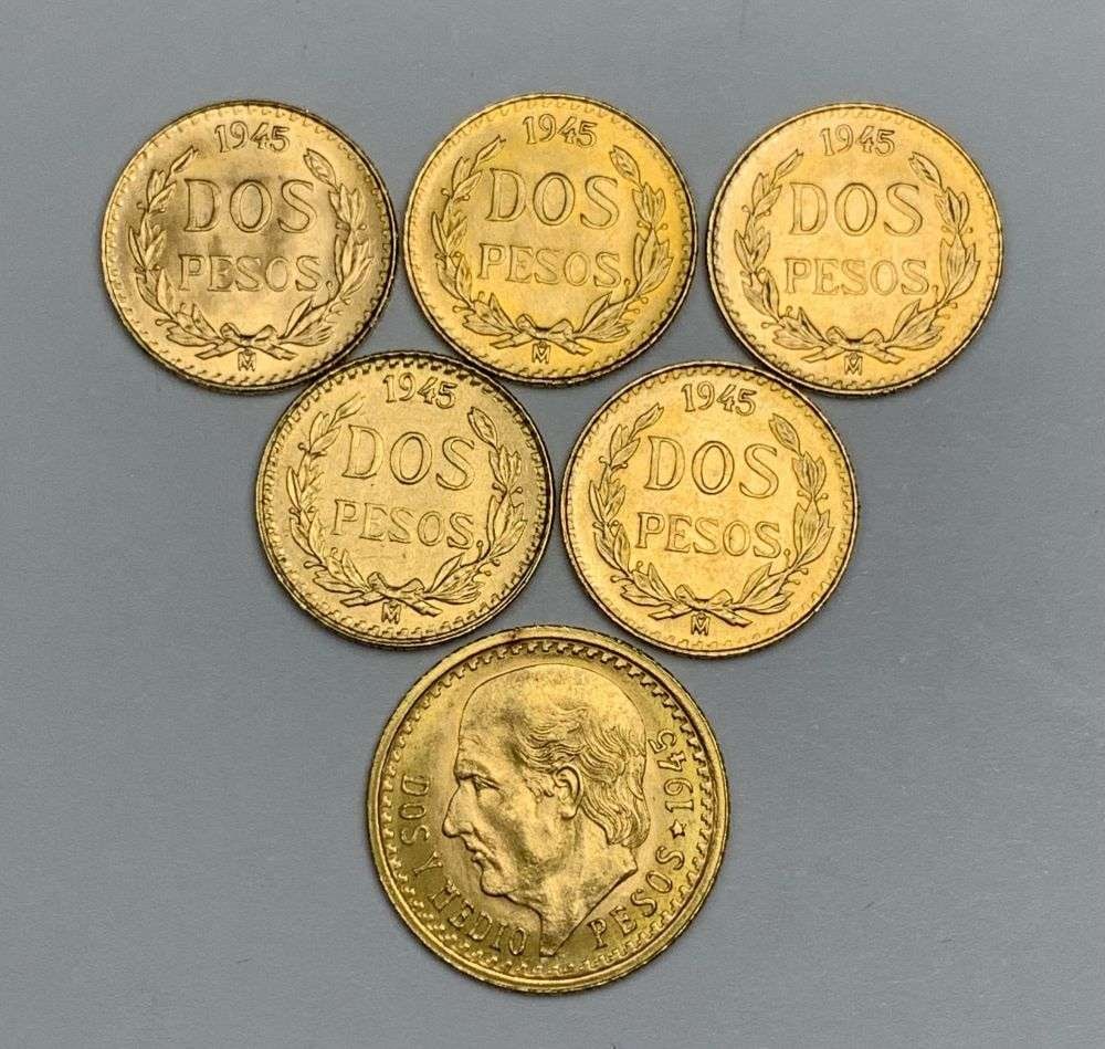 Last Minute! (5) 1945 Mexico Gold 2 Pesos & (1) 1945 Mexico Gold 2.50 Pesos 0.3013 ozt AGW (1 of 6)