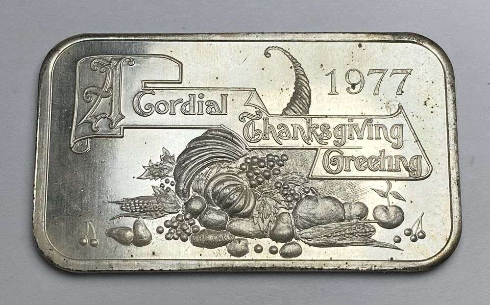 1977 A Cordial Thanksgiving Greeting 1 ozt .999 Silver Bar (1 of 2)