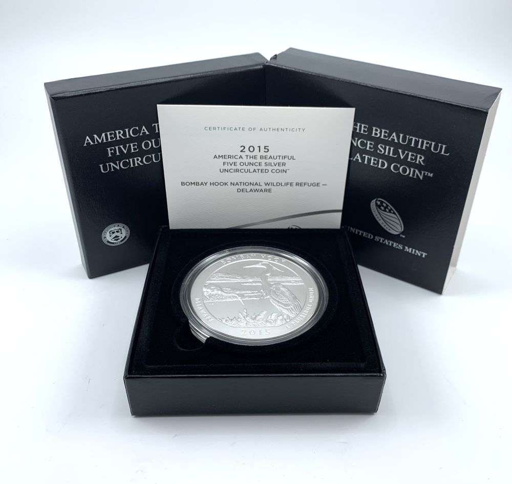 2015-P ATB Deleware "Bombay Hook" 5 ozt .999 Silver OGP: Winner shall receive the exact coin shown here. (RM/RLR)