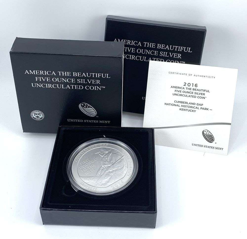 2016-P ATB Kentucky "Cumberland Gap" 5 ozt .999 Silver OGP: Winner shall receive the exact coin shown here. (RR/RLR)