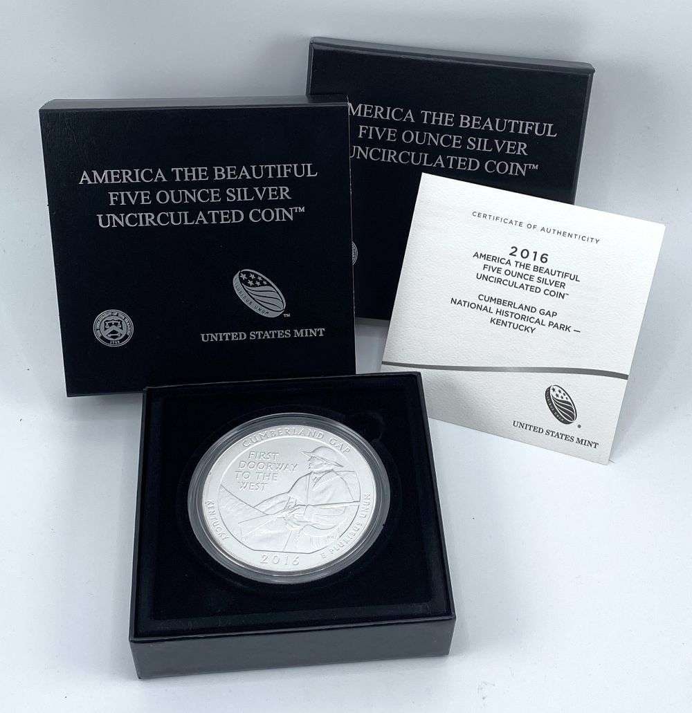 2016-P ATB Kentucky "Cumberland Gap" 5 ozt .999 Silver OGP: Winner shall receive the exact coin shown here. (RR/RLR)
