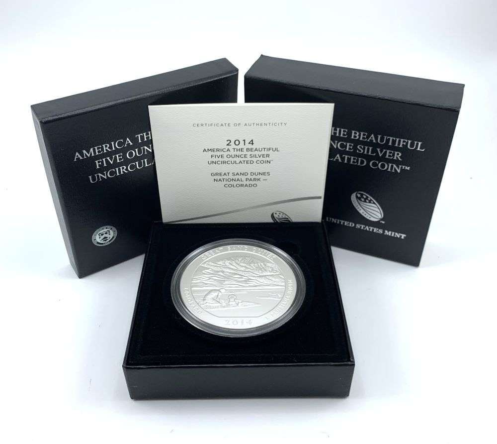 2014-P ATB Colorado "Great Sand Dunes" 5 ozt .999 Silver OGP: Winner shall receive the exact coin shown here. (RM/B)