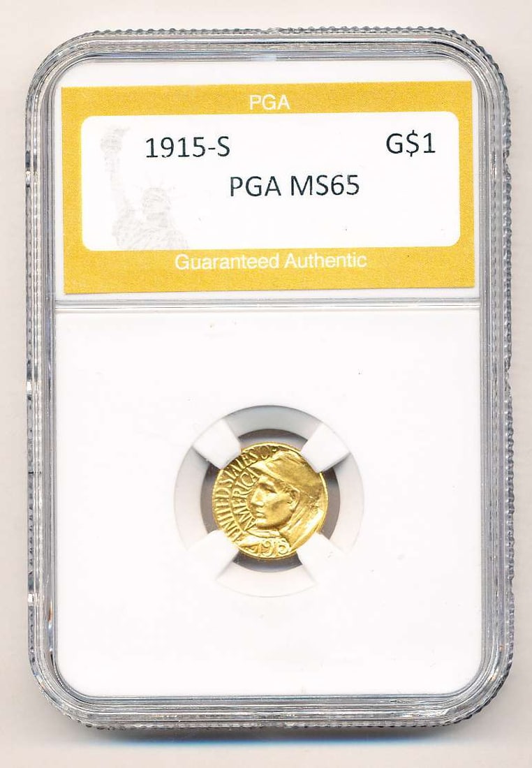 1915-S Panama-Pacific Exposition $1 Gold MS65: IMPORTANT NOTE: We do not agree with the grade provided with this "off-brand" grading company. Winner shall receive the exact coin shown here. (MK)