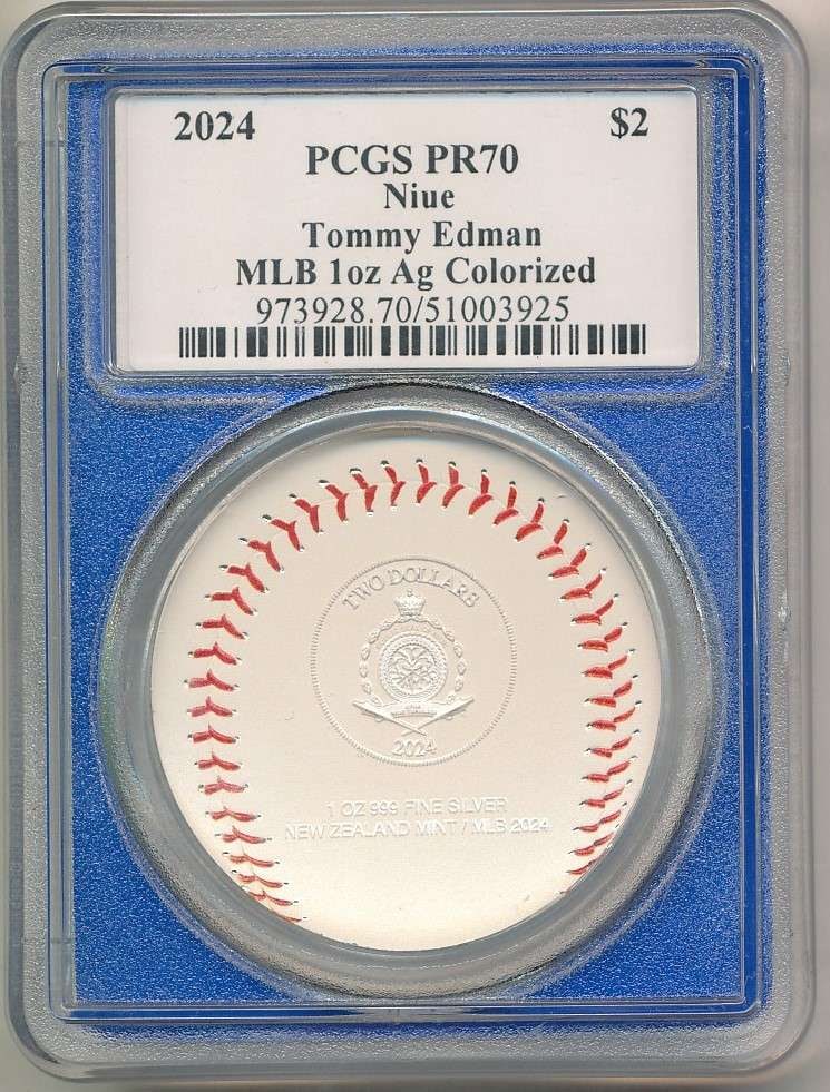 Colorized 2024 Niue $2 MLB 1 ozt .999 Silver PCGS PR70 Signed By Tommy Edman (1 of 5)
