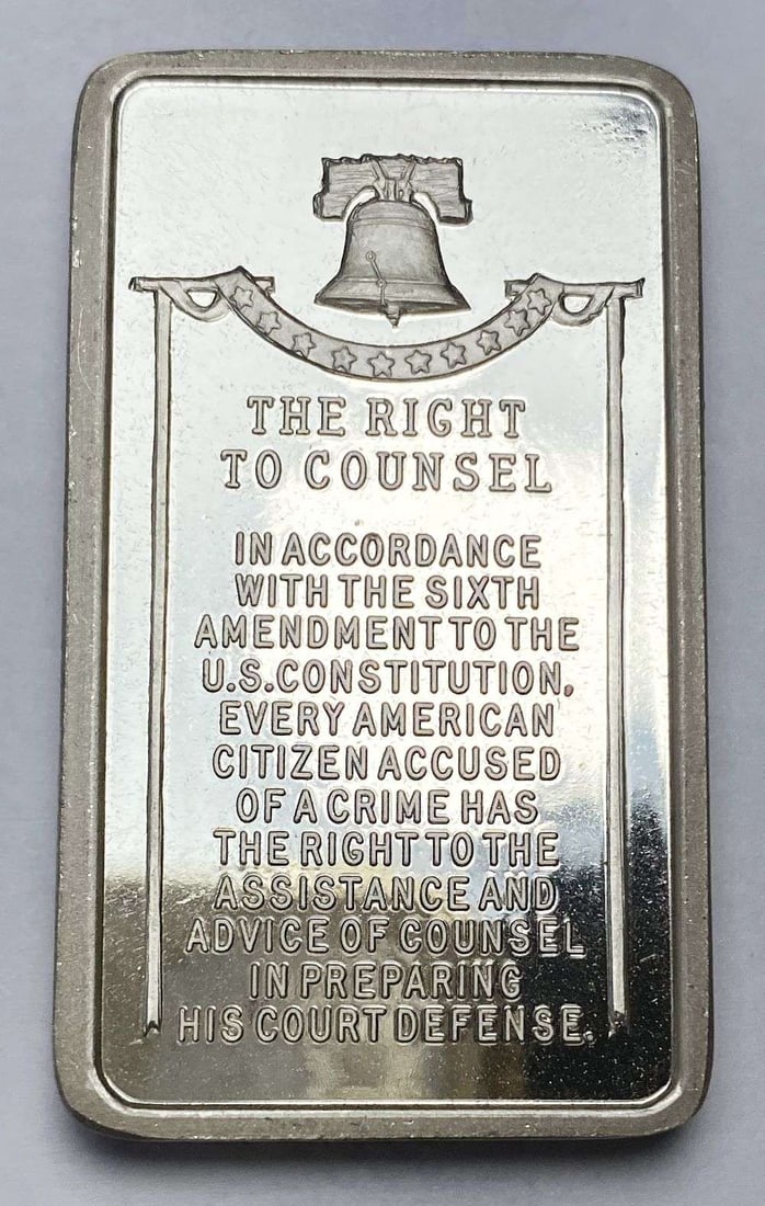 Vintage 1973 Wittnauer "The Right to Counsel" 1000 Grains Sterling Silver Bar: Winner shall receive the exact bar shown here. (RR/OR)