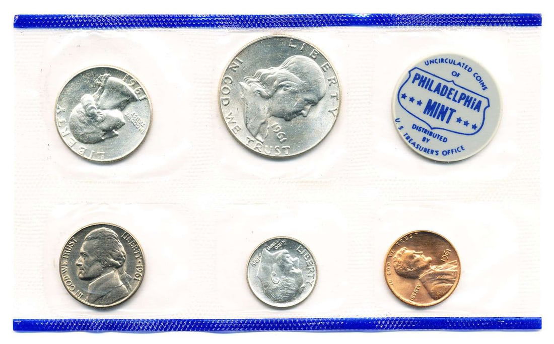 1961-P United States 90% Silver Mint Set (5-coins): We asked our trusty data entry team to go to the PCGS price guide and let you know that in this set, if the penny grades MS63 RD, it's worth $576. If the nickel grades MS67 FS, it's worth $6,325. If t
