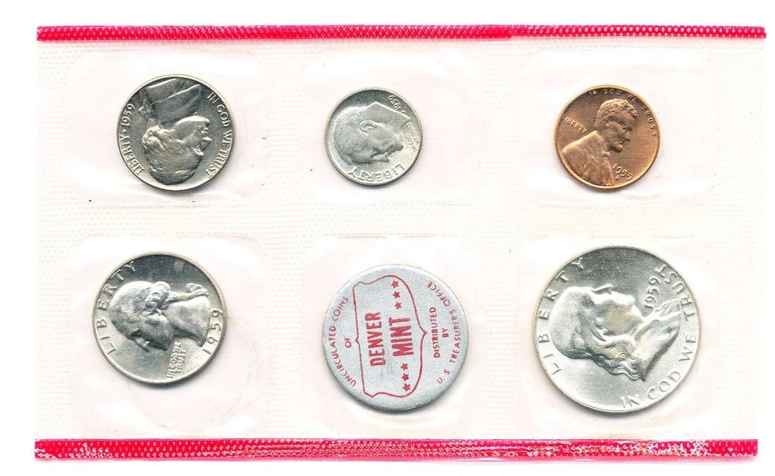 1959-D United States 90% Silver Mint Set (5-coins): We asked our trusty data entry team to go to the PCGS price guide and let you know that in this set, if the penny grades MS69 RD, it's worth $540. If the nickel grades MS66 FS, it's worth $99. If the