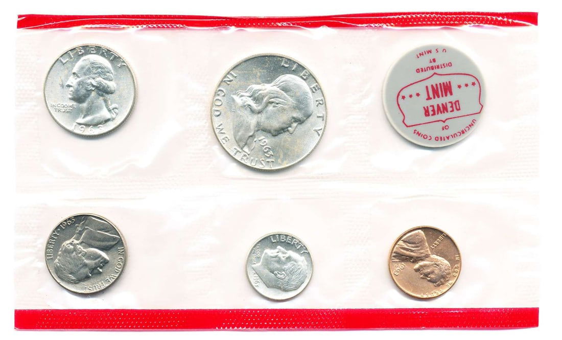 1963-D United States 90% Silver Mint Set (5-coins): We asked our trusty data entry team to go to the PCGS price guide and let you know that in this set, if the penny grades AU58 RD, it's worth $66. If the nickel grades MS66 FS, it's worth $168. If the