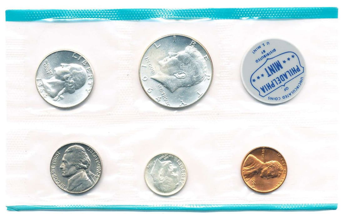 1964-P United States 90% Silver Mint Set (5-coins): We asked our trusty data entry team to go to the PCGS price guide and let you know that in this set, if the penny grades MS64 RD, it's worth $312. If the nickel grades MS66 FS, it's worth $129. If the