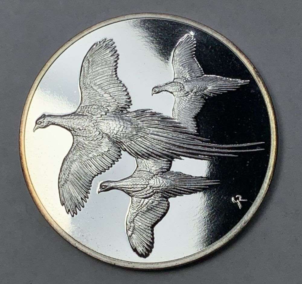 1970 Franklin Mint Ringnecked Pheasants Sterling Silver 2.16 ozt ASW: Winner shall receive the exact coin shown here. (MK/B)