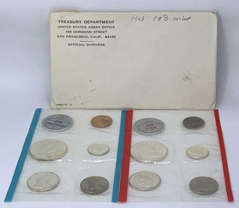 1963 United States Mint Set (10-coins): We asked our trusty data entry team to go to the PCGS price guide and let you know that in this set, if the penny grades MS67 RD, it's worth $10,000. If the nickel grades MS65 FS, it's worth $5,500. I