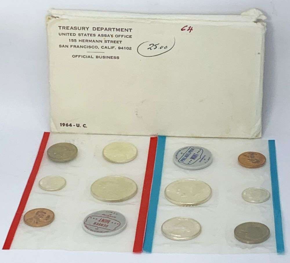 1964 United States Mint Set (10-coins): We asked our trusty data entry team to go to the PCGS price guide and let you know that in this set, if the penny grades MS67 RD, it's worth $1,000. If the nickel grades MS67 FS, it's worth $10,000. I
