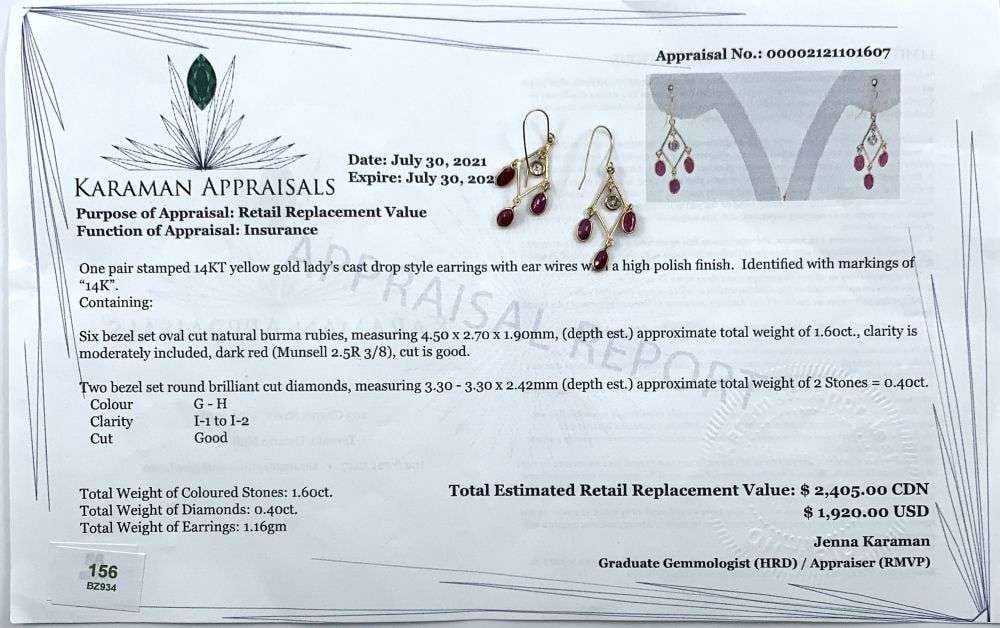 1.60ct Ruby & 0.40ct Diamond 14k Gold Earrings: Winner shall receive the exact item shown here. (RM)