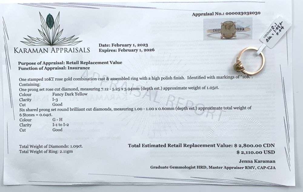 1.05ct Yellow Diamond 10k Rose Gold Ring (Size 7): Winner shall receive the exact item shown here. (RM)