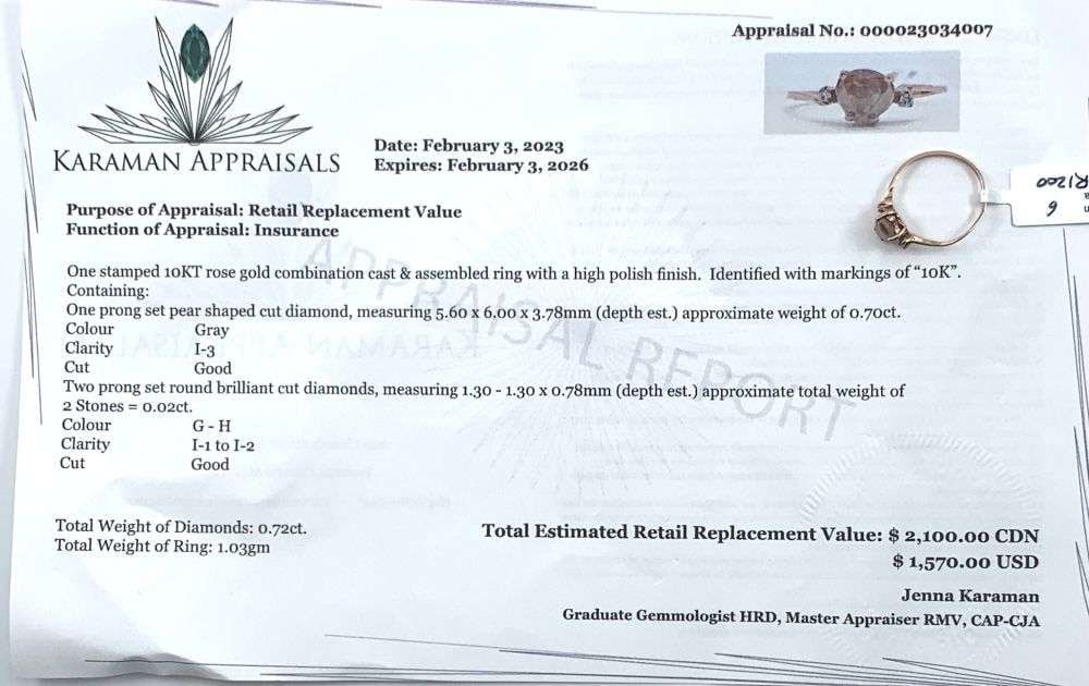 0.72ct Pear Diamond 10k Rose Gold Ring (Size 6.5): Winner shall receive the exact item shown here. (RM)