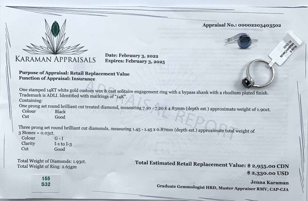 1.90ct Black Diamond 14k White Gold Ring (Size 6.5): Winner shall receive the exact item shown here. (RM)