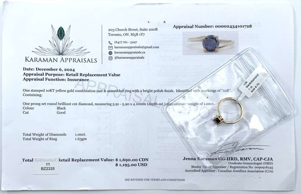 1ct Black Diamond 10k Gold Ring (Size 7.25): Winner shall receive the exact item shown here. (RM)