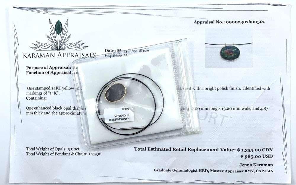 5ct Black Opal 14k Gold Pendant Necklace: Winner shall receive the exact item shown here. (RM)