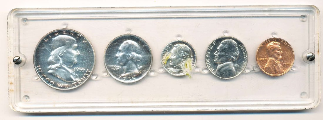 Last Minute! 1955 United States Mint Set (5-coins): We asked our trusty data entry team to go to the PCGS price guide and let you know that in this set, if the penny grades MS67 RD, it's worth $850. If the nickel grades MS67 FS, it's worth $8000. If th