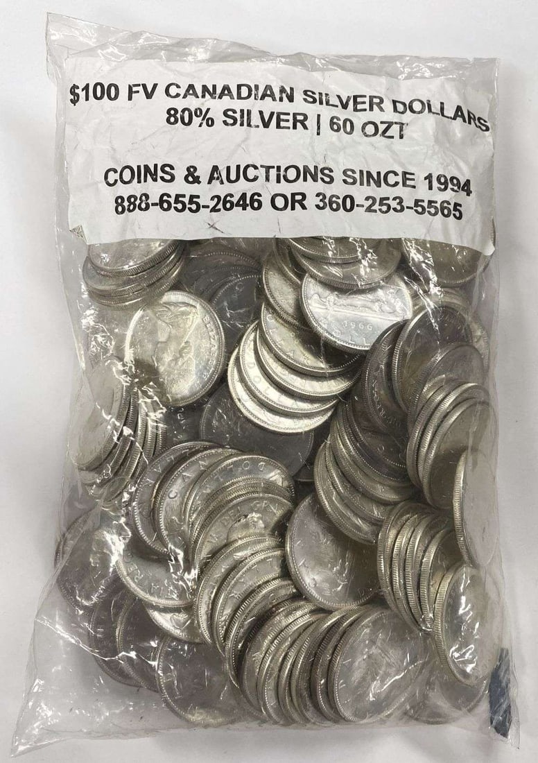 Last Minute! $100 FV Canadian 80% Silver Dollars (1 of 6)