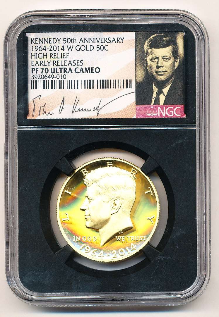 Last Min! Rare 1964-2014-W Kennedy 50th Anniversary .9999 Gold Half Dollar NGC PF70 UC High Relief: Winner shall receive the exact coin shown here. (MK/EIFI)