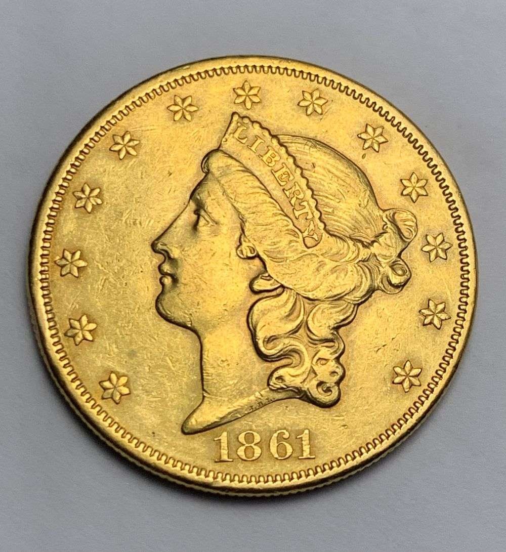 Last Minute! Rare Date 1861 Gold $20 Liberty Head AU58 Details: Winner shall receive the exact coin shown here. (MK/RPLCE)