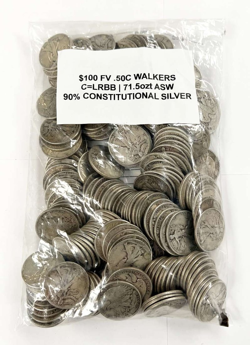 $100 FV Sealed Bag 90% Silver Walkers 50c: This bag contains $100 face value or (200) coins. These are walking liberty 90% silver half dollars minted between 1916 and 1947. Please allow 2-4 weeks for shipping.