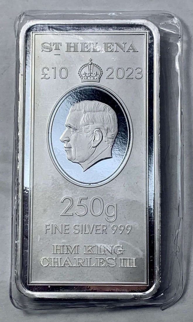 Extremely Rare 2023 St. Helena King Charles III 250g .999 Silver Bar: Winner shall receive (1) bar precisely resembling the one shown here. (MK/ULB)