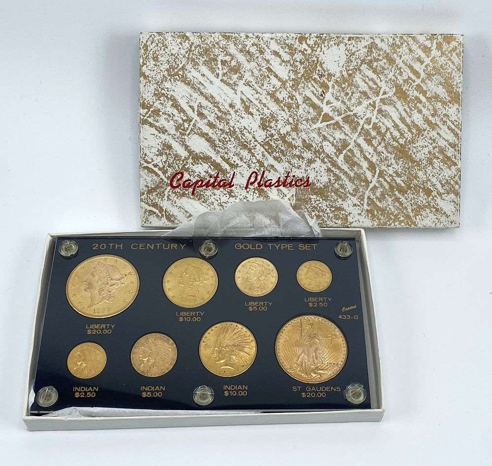 1889-S-1926 Double 20th Century Gold Type Set MS64 (8-coins): Well we are pleased to offer a consignment of coins that were purchased from investment rarities from the early 1980's when grading was kind of a different thing. Winner shall receive (1) 1907 gold $2