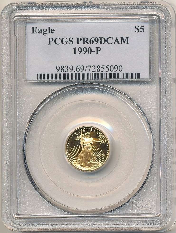 Roman Numeral 1990-P American $5 Gold Eagle 1/10 ozt PCGS PR69 DCAM: Winner shall receive the exact coin shown here. (RR/ETI)