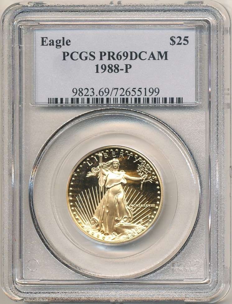 Roman Numeral 1988-P American $25 Gold Eagle 1/2 ozt PCGS PR69 DCAM: Winner shall receive the exact coin shown here. (RR/LTTB)
