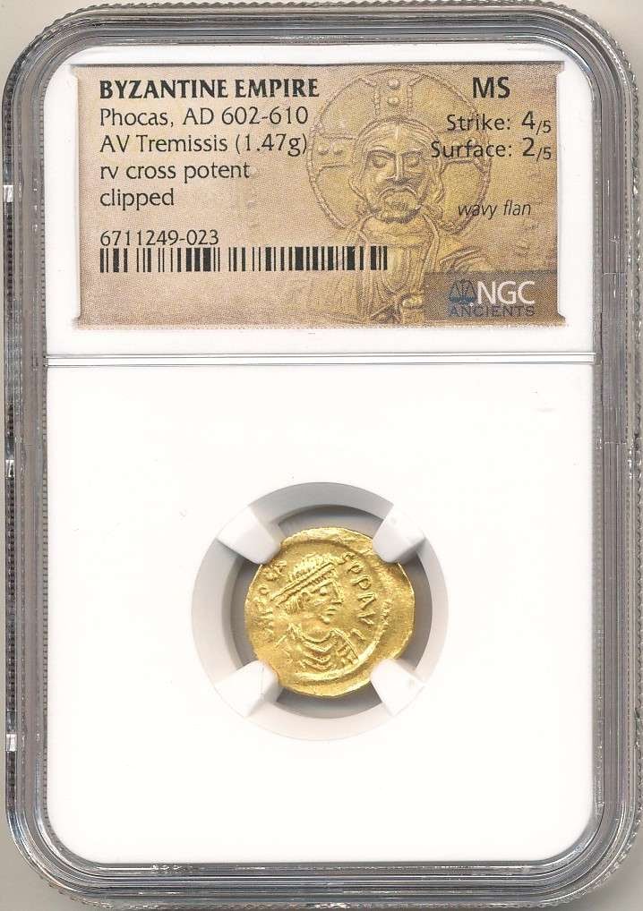 Ancient Byzantine Empire AD 602-610 Phocas AV Tremissis 1.47g Gold NGC MS (1 of 4)