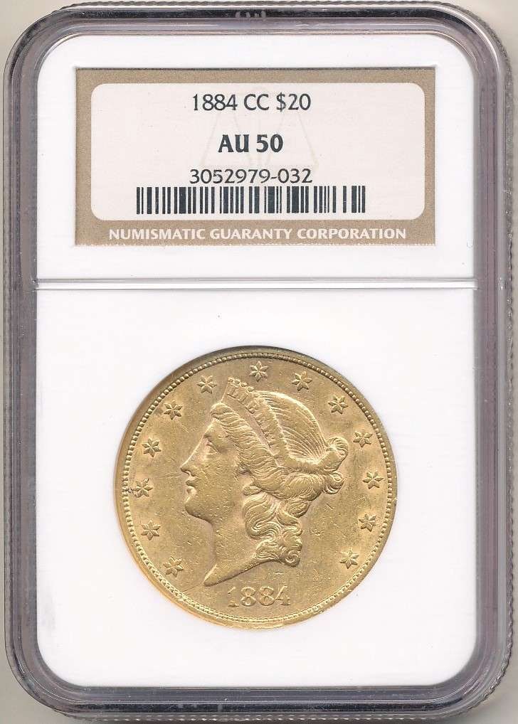1884-CC Gold $20 Liberty Head NGC AU50: Winner shall receive the exact coin shown here. (RR/PRBB)