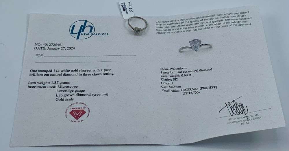 0.60ct Pear Cut Diamond 14k White Gold Ring (Size 6.5): Winner shall receive the exact item shown here (MK)