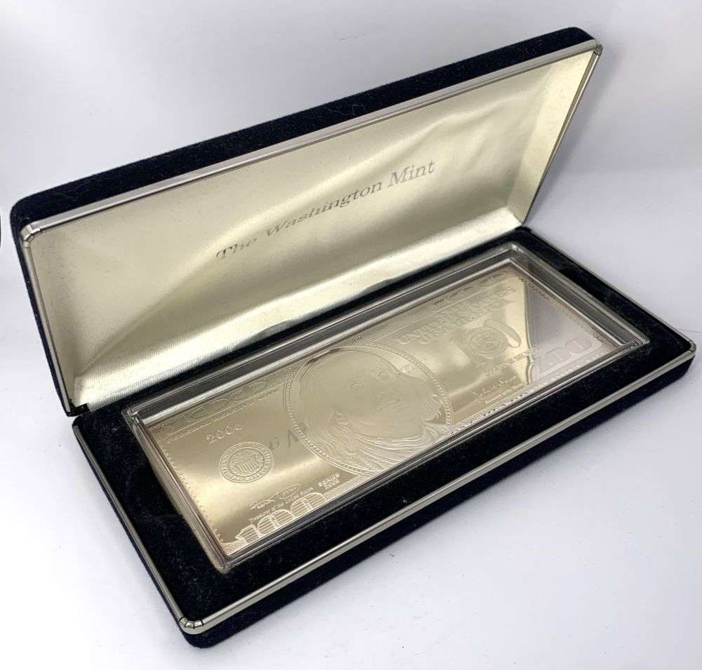2006 Washington Mint $100 Note Design 1 ozt .999 Silver Bar: Winner shall receive the exact bar shown here. (MK/B)