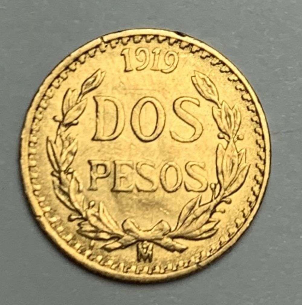 1919 Mexican Gold Dos Pesos 0.0482 ozt AGW: Winner shall receive the exact coin shown here. (MR/B)