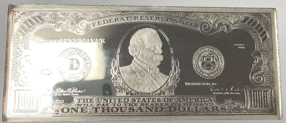 1999 United State $1,000 Federal Reserve Note Design 4 ozt .999 Silver Bar: Winner shall receive the exact bar shown here. (MR/B)