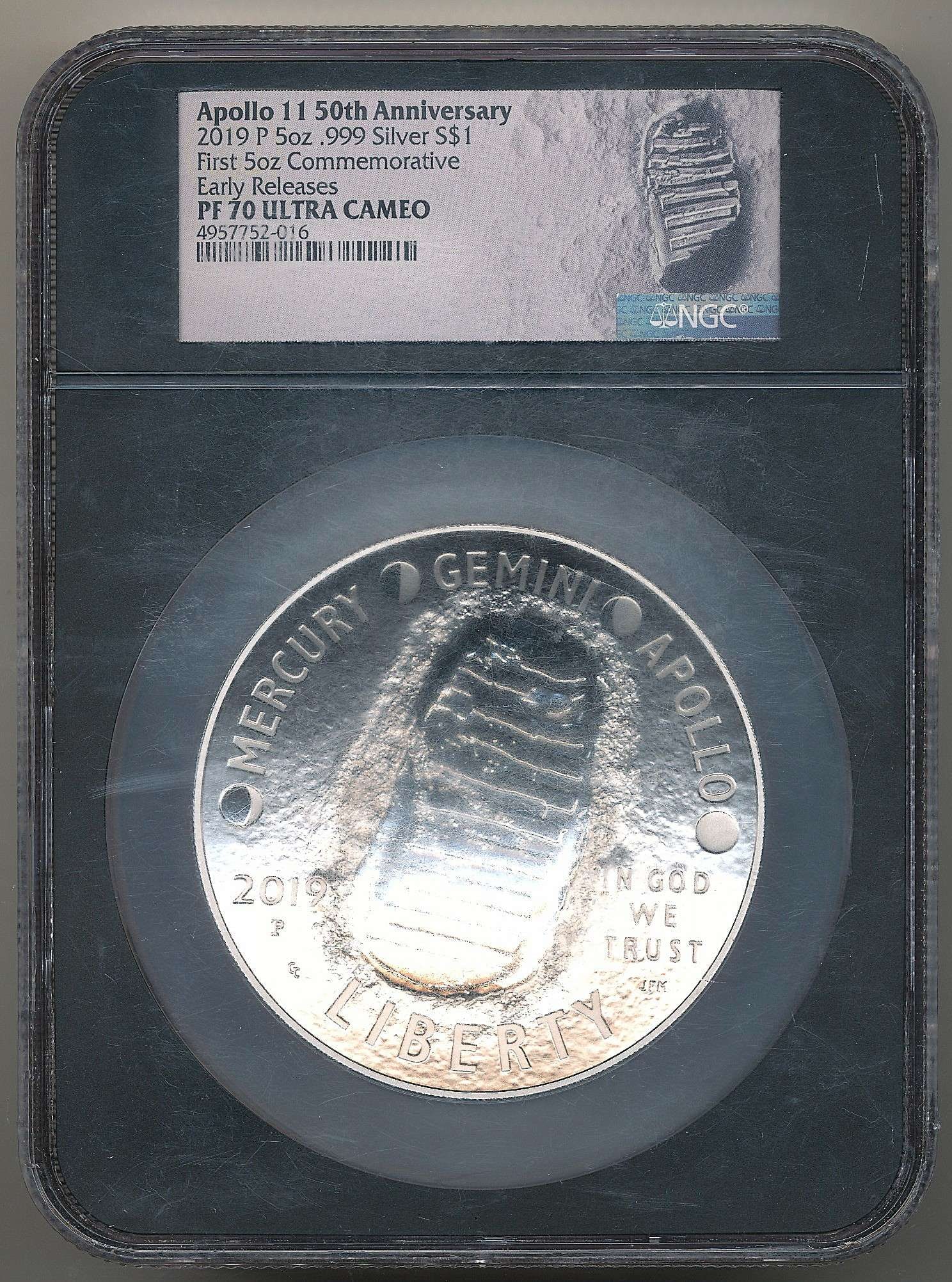 2019-P Apollo 11 50th Anniversary 5 ozt .999 Silver NGC PF70 Ultra Cameo: Winner shall receive the exact coin shown here. (MR/PBB)