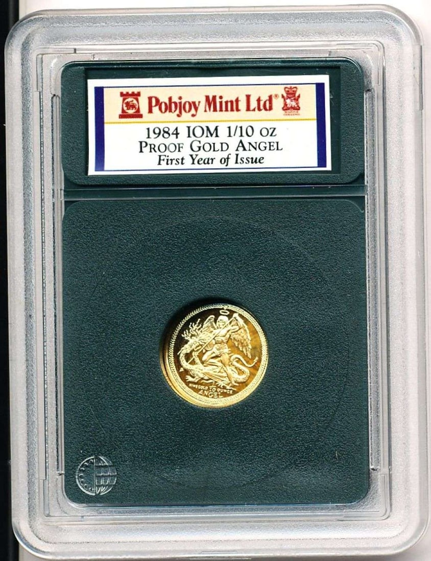 Rare 1984 Isle of Man Angel 1/10 ozt Proof Gold: Winner shall receive the exact coin shown here. (MR/B)