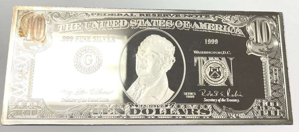 1999 United States $10 Federal Reserve Note Design 4 ozt .999 Silver Bar: Winner shall receive the exact bar shown here. (MR/B)