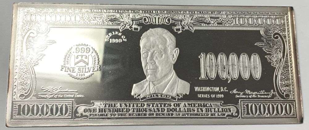 1999 United States $100,000 Federal Reserve Note Design 4 ozt .999 Silver Bar: Winner shall receive the exact bar shown here. (MR/B)