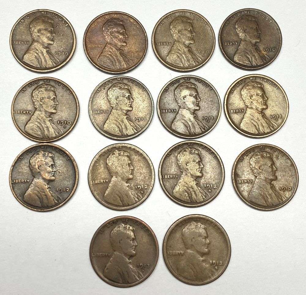 Last Minute! 1909 VDB - 1913-S Lincoln Cent Collection (14-coins): Winner shall receive (1) 1909-VDB AU, (1) 1909, (1) 1909-S XF, (1) 1910, (1) 1910-S, (1) 1911, (1) 1911-D, (1) 1911-S, (1) 1912, (1) 1912-D, (1) 1912-S, (1) 1913, (1) 1913-D, and (1) 1913-S. Winner sh
