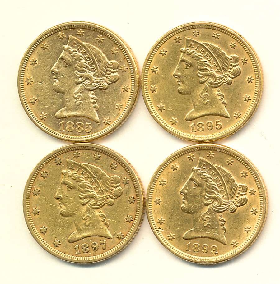 (4) Gold $5 Liberty Head Almost Mint: Winner shall receive (4-coins) precisely resembling the 4-coins from the pile shown here. Please allow 2-4 weeks for shipping. (DL/RER)