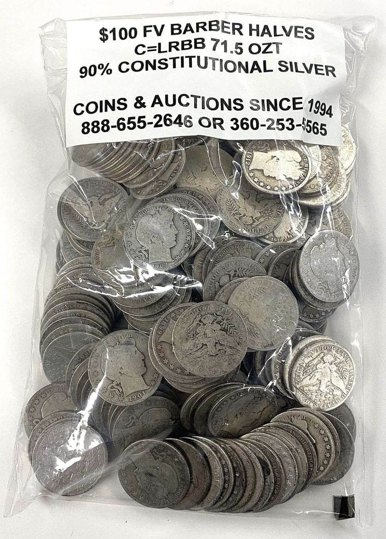$100 FV Pre-1916 Barber 90% Silver Halves: Winner shall receive (1) bag of 90% silver barber half dollars, precisely resembling the coins shown here. Please allow 2-4 weeks for shipping.