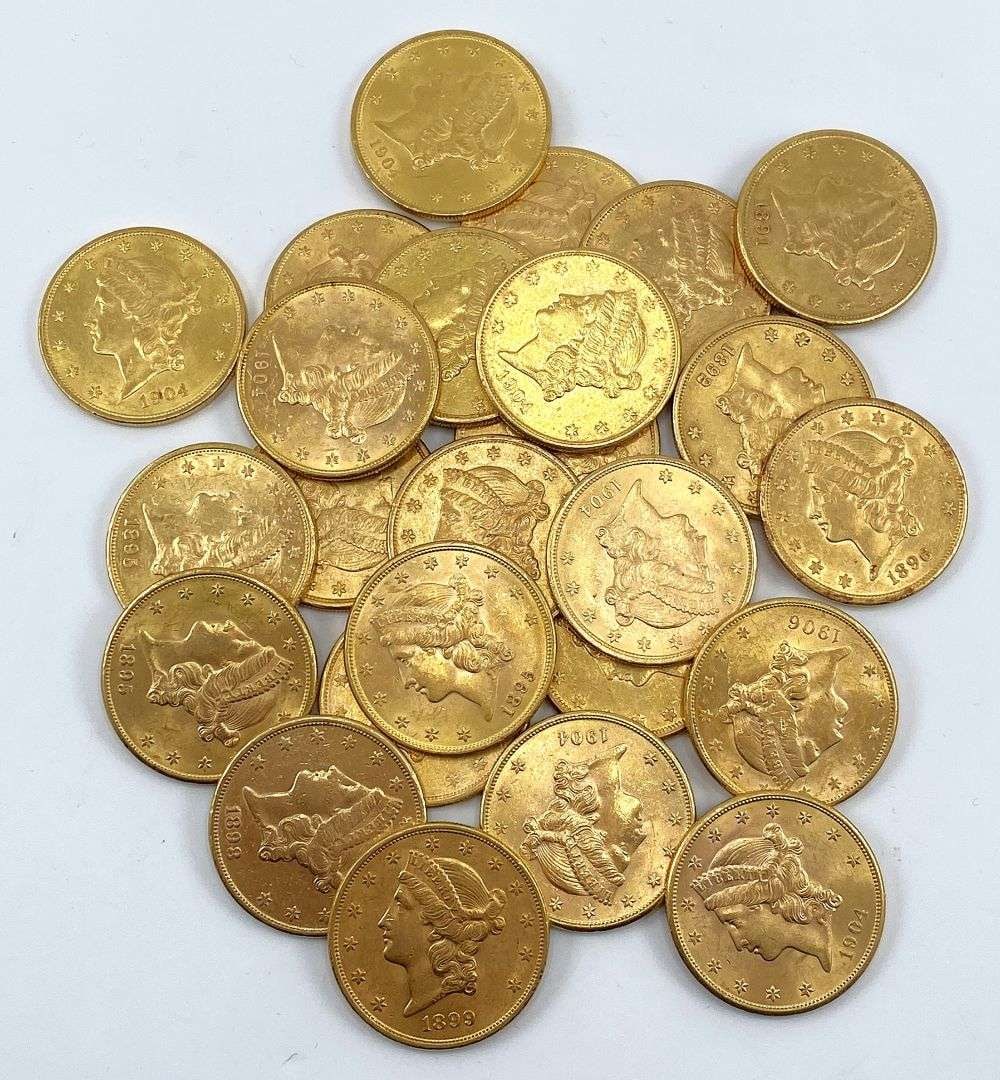 (5) Mixed Date Gold $20 Liberty Head Almost Mint: Your (5) coins will have dates that are selected at random but the grades are precisely resembling the ones shown here. Winner shall receive (5) coins. Please allow 2-4 weeks for shipping.