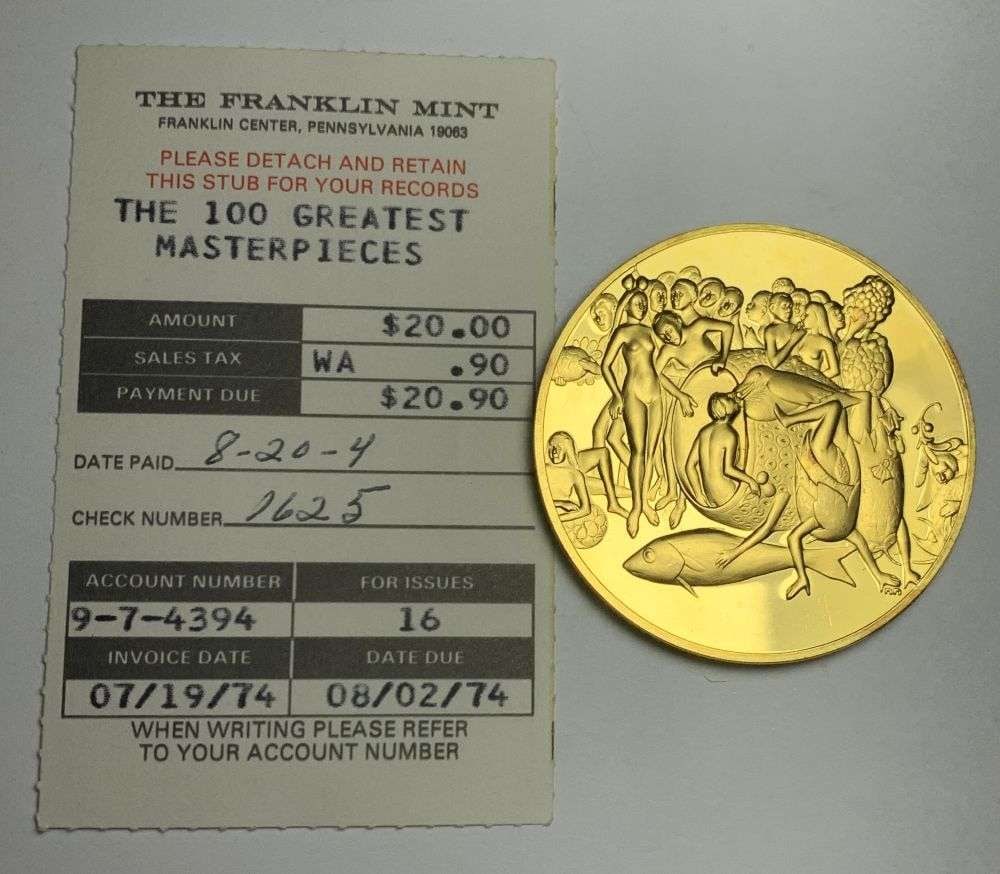 Vintage The Garden of Delights c.1500 Hieronymus Bosch 24k Gold Over Sterling Silver 2.110 ozt: Winner shall receive the exact coin shown here. (MR/RB)