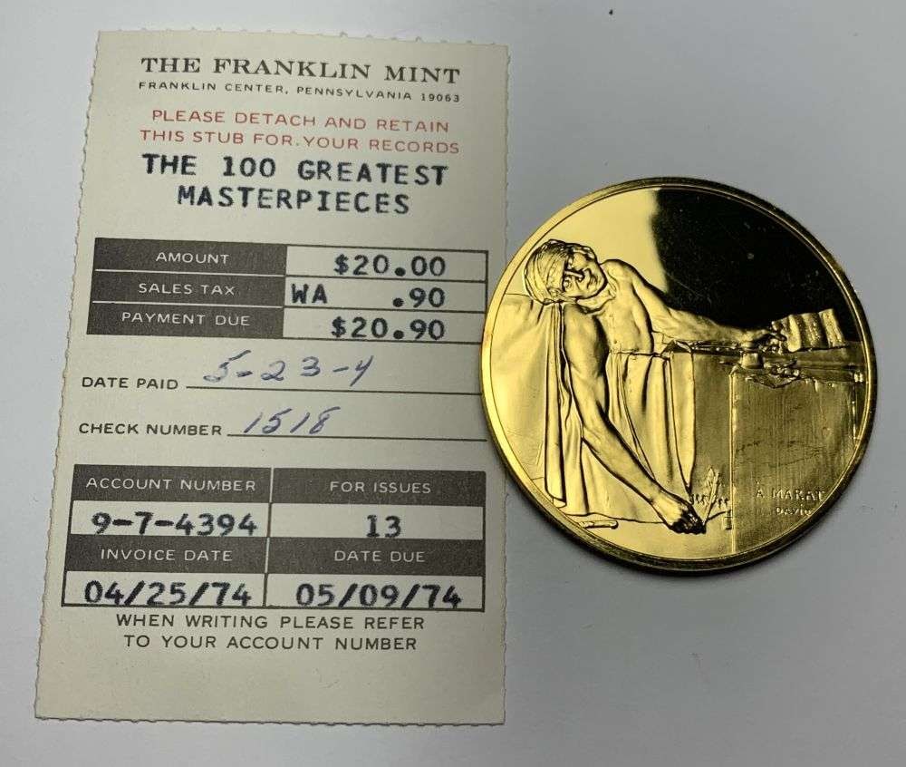 Vintage The Death Of Marat 1793 Jacques Louis David 24k Gold Over Sterling Silver 2.130 ozt: Winner shall receive the exact coin shown here. (MR/RB)