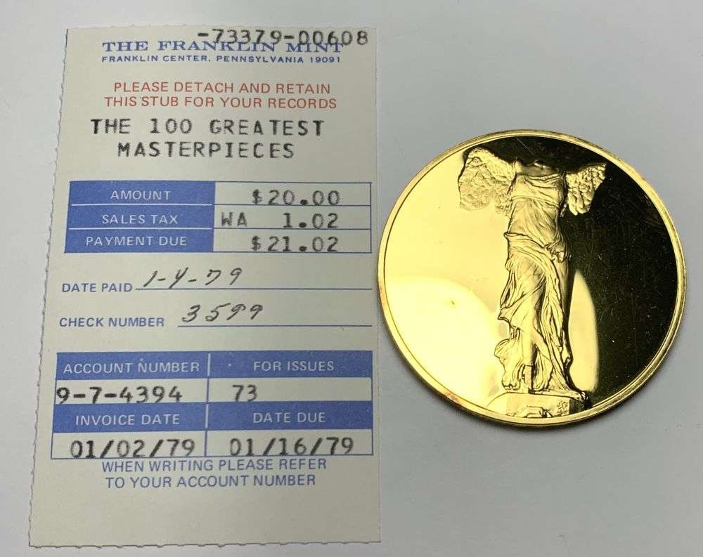 Vintage The Victory of the Samothrace 2nd Century B.C. Greek 24k Gold Over Sterling Silver 2.135 ozt: Winner shall receive the exact coin shown here. (MR/RB)