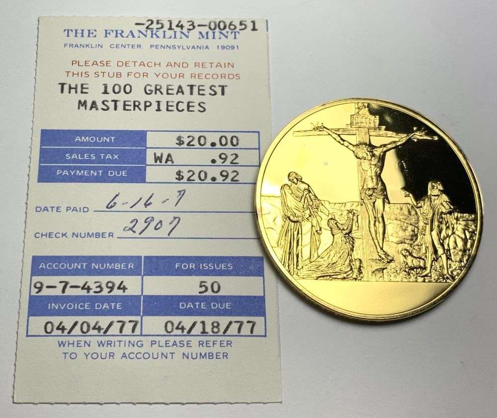 Vintage The Crucifixion c.1510-1515 Matthias Grunewald 24k Gold Over Sterling Silver 2.125 ozt: Winner shall receive the exact coin shown here. (MR/RB)